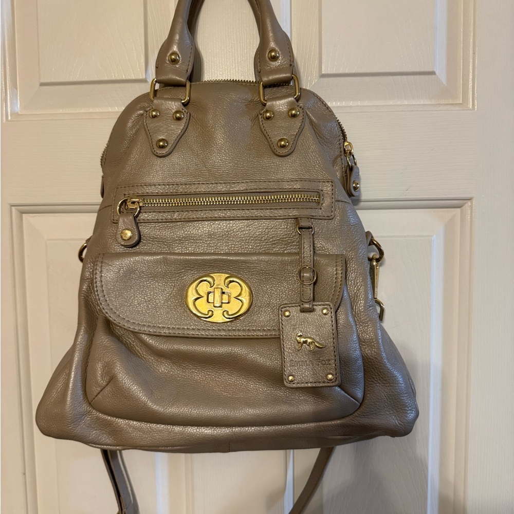 Emma Fox Taupe Convertible, Soft Leather Bag with Gold Accents